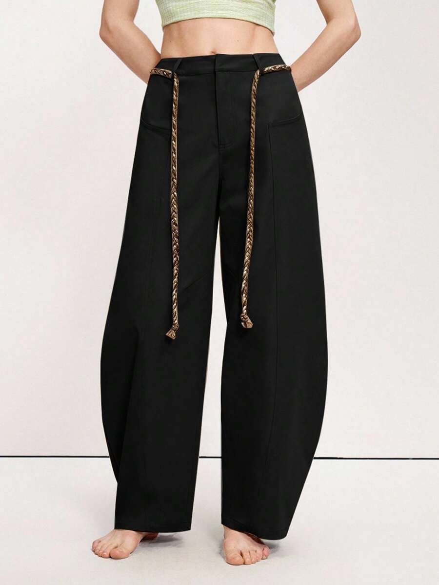 Arave 女士休闲时尚街头撞色系带复古筒裤，阔腿裤，超大款长裤，宽松长裤，流苏裤，灯笼裤，秋季女装，秋季穿搭，女士秋季休闲装，春季穿搭 - 黑色 - 查看 1