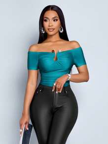 SOLERSUN Women's Solid Color Off-Shoulder Short Sleeve Slim Fit T-Shirt With Pleats - Teal Blue - View 6