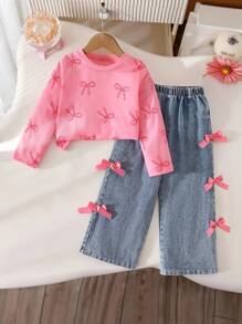 Genkimix Kids Girls' Casual Cute Round Neck Raglan Sleeve Loose Cropped Butterfly Print T-Shirt And Elastic Waist Straight Loose Jeans Pants With 3D Bow Design, Back To School Outfit, All Season Fall Winter - Pink - View 3