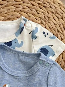 寶寶男孩可愛大象印花夏季休閒、舒適、親膚短袖短褲針織家居四件套裝 - 淺藍色 - 查看 4