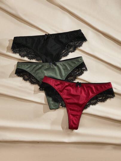 Charlaine 3件装女式低腰蕾丝拼接丁字裤