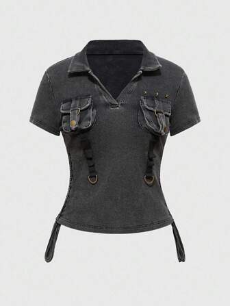 J-Fashion Camiseta gráfica de manga corta para mujer con estilo retro Y2K del milenio, lavado vintage, bolsillos cargo de mezclilla, punto acanalado de corte bajo en negro y gris