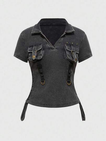 J-Fashion Vintage Millennium Y2K Style Washed Denim Cargo Pocket Retro Crop Ribbed Knit Low Cut Black Grey Short Sleeve Women Graphic T-Shirt