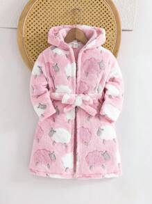 Cozy Pixies 少女心形图案保暖内衬连帽长袖系腰毛绒睡袍睡衣