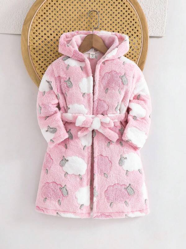 Cozy Pixies 少女心形图案保暖内衬连帽长袖系腰毛绒睡袍睡衣