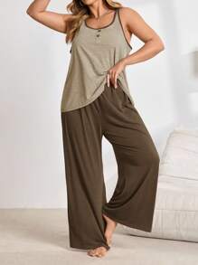 Knitted Casual Contrast Color Pajama Set (Top And Pants) - Apricot - View 8