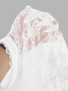 SHEIN Frenchy Women's Elegant White Floral Lace Trimmed Short Sleeve Top,Stand Collar Puff Cropped Blouse For Summer Party,Oktoberfest Dirndl Tracht Bierfest Tops - White - View 10