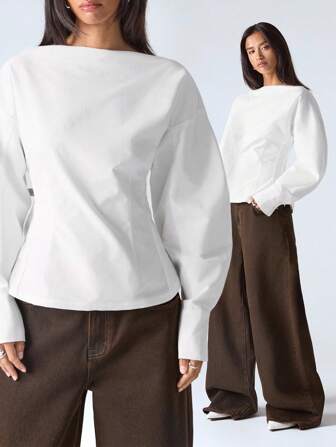 LYSMO Dam Casual Lös Rund Halsringning Drop Shoulder Långärmad Enfärgad T-shirt