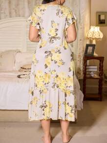 SHEIN Romantic-Flora Elegant Plus Size Summer Sleep Dress With V-Neck And Flounce Sleeves In Floral Print - Yellow - View 2