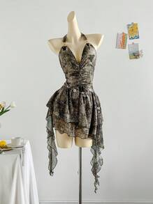 Soleia 假日浪漫蓝色印花露背针织网眼女式连衣裙 - 彩色 - 查看 7