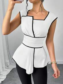 SHEIN Clasi 女士优雅撞色边不对称衬衫，夏季 - 白色 - 查看 6