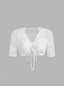SHEIN Frenchy 2025 新款德国纯色蕾丝透明 Dirndl 女士上衣，女士优雅纯色蕾丝抽绳短款上衣镂空蕾丝衬衫，传统夏装衬衫，适合啤酒节，啤酒节服装，白色衬衫，优雅衬衫散发传统魅力蕾丝白色短款上衣挤奶女工上衣牛仔女牛仔上衣白色西部上衣，Dirndl - 白色 - 查看 1