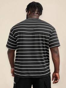 EASEVO Plus Size Men's Summer Casual Black & White Striped Plain Round Neck T-Shirt