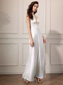 Briarwyn Vestido elegante de unicolor sin espalda con cuello halter, ropa de otoño, estilo de mujer de dinero antiguo, atuendo de fiesta todo blanco para mujer, atuendo de cita nocturna para mujer, atuendo de vacaciones para mujer, vestido de invitada de boda para mujer, vestidos de fiesta para mujer. - Blanco - Ver 7