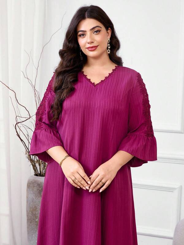 Al Najma Vestido árabe elegante y holgado con mangas acampanadas y lazo en contraste para mujer talla grande