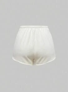 ROMWE Kawaii Women's Summer Casual Basic Ribbed Bow Strap Shorts Pajama Set - White - View 9