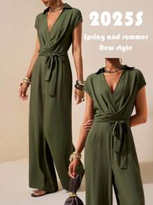 Zivah 2025 New Summer Casual Simple Basic Style Daily Dating Commuting Elegant Lapel Sleeveless Wide Shoulder Cross Strap Waist Wide Leg Straight Pants Green Women's Jumpsuit-A Green Jumpsuit Women Summer Jumpsuits For Women Casual Jumpsuits For Women Green Women Jumpsuit
