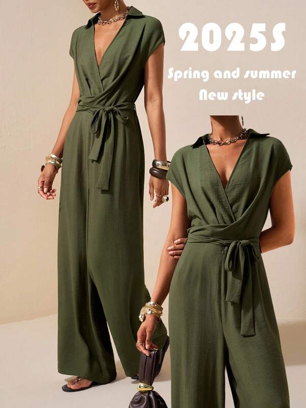 Zivah 2025 New Summer Casual Simple Basic Style Daily Dating Commuting Elegant Lapel Sleeveless Wide Shoulder Cross Strap Waist Wide Leg Straight Pants Green Women's Jumpsuit-A Green Jumpsuit Women Summer Jumpsuits For Women Casual Jumpsuits For Women Green Women Jumpsuit