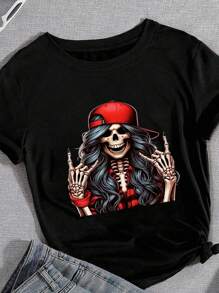 SHEIN Unity Camiseta de cuello redondo con estampado de calavera de Halloween, top casual de manga corta para primavera y verano - Negro - Ver 3