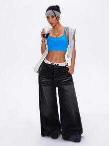 SHEIN Sovereign Charm 无缝高弹力哑光尼龙运动文胸，性感露背瑜伽文胸 - 藍色 - 查看 3