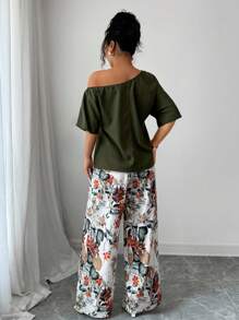 SHEIN VCAY 2pcs/Set Women's Vacation Solid Color Asymmetrical Neck Blouse And Floral Print Pants Casual Suit - Army Green - View 2