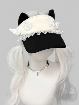 Anime 1pc Cute Cat Ear Snapback Cap, Handmade Lolita Lace Fluffy Wings Visor Cap, Adjustable Casual Sun Protection Hat, Daily Wear