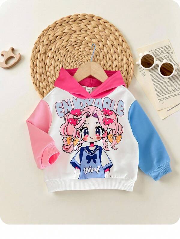 Cute Cartoon Pattern Color Block Hoodie Sweatshirt For Baby Girls, Autumn/Winter
