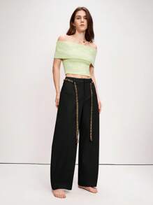 Arave 女士休闲时尚街头撞色系带复古筒裤，阔腿裤，超大款长裤，宽松长裤，流苏裤，灯笼裤，秋季女装，秋季穿搭，女士秋季休闲装，春季穿搭 - 黑色 - 查看 5