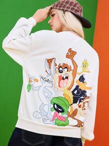 LOONEY TUNES X SHEIN Women's Cartoon Animal Pattern White Loose Sweatshirt, Cute Graphic Casual Versatile Casual Daily Top, Back To School, Summer & Fall - White - View 6