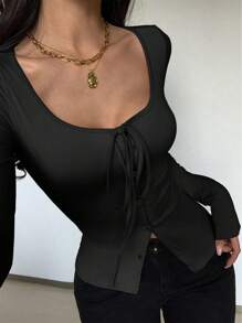 SHEIN Allurite Women Sexy Solid Color Stretch Knit Crew Neck Tie Decorative Button Long Sleeve Slim Fit T-Shirt, Versatile For Daily Wear Fall Cloth For Women - Black - View 6