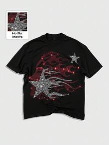 ROMWE MEN Street Life Camiseta de manga corta de verano para hombre con estrella de cinco puntas y adornos de strass, de uso casual en la calle