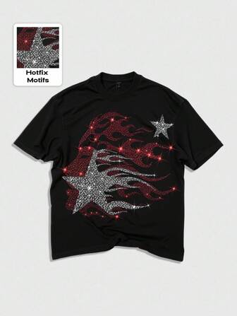 Street Life Camiseta de manga corta de verano para hombre con estrella de cinco puntas y adornos de strass, de uso casual en la calle