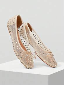 MOTF PREMIUM WOMEN SHOES EUROPEAN AND AMERICAN NEW FASHION RETRO RHINESTONE MESH YARN BOW ROUND TOE FLATS, APRICOT VERSATILE SWEET AND ELEGANT COMFORTABLE AND ADVANCED CLASSIC SHOES - Apricot - View 9