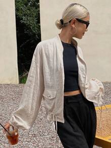 Livesso Women's High Collar Hem Drawstring Loose Regular Jacket Fall/Winter Women Coats - Beige - View 6