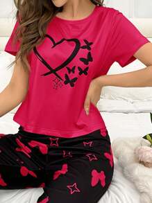 SHEIN 1 pièce Top de pyjama décontracté à manches courtes avec imprimé papillon et cœur pour femme