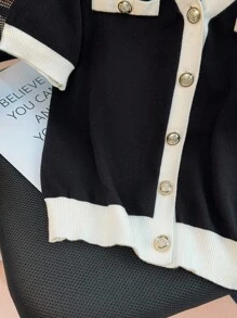 INAWLY Women's Casual Contrast Binding Short Sleeve Single-Breasted Lightweight Cardigan