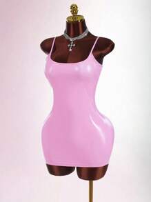 Amplova 女式简约纯色镜面 PU 吊带裙，基本款夏季连衣裙