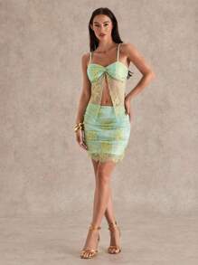 Glamine 2pcs/Set Women's Elegant Sexy Lace Twist Sling Crop Top And Slit Mini Skirt Set, Summer