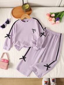 Genkimix Kids 2件套女童4-7岁时尚紫色蝴蝶结运动衫套装，2025年秋季INS运动新款休闲连帽衫和裤子套装 - 紫色 - 查看 3