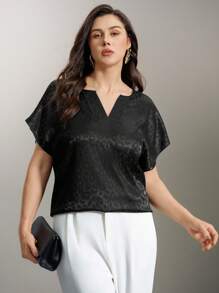 Flouryn Maglietta A Maniche A Pipistrello Con Collo A V In Jacquard Di Leopardo Di Colore Solido E Taglia Forte, Con Dettagli Di Vuoti - nero - Visualizzare 7