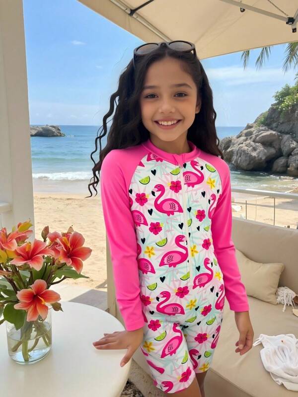 1pc Kids Girls Cute Flamingo Print Long Sleeve Rash Guard Swimsuit Summer Holiday