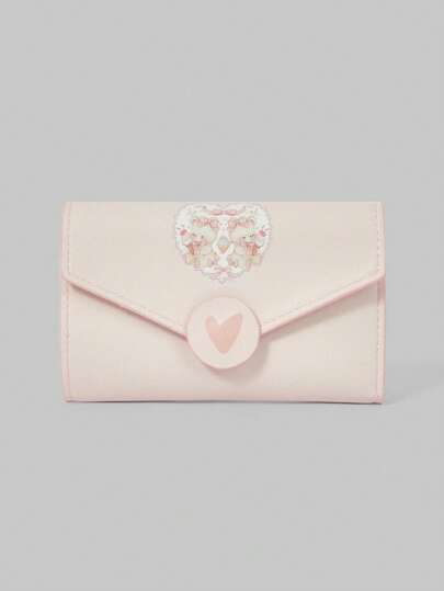 Kawaii Cute Pink Butterfly & Teddy Bear Print Compact Cardholder