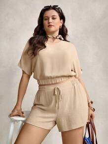 Zelara Conjunto casual de 2 piezas de talla grande consistente en una blusa de manga corta y cuello redondo de unicolor y shorts anudados para el verano