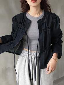 FRIFUL 女式荷叶边系带休闲牛仔衬衫 - 黑色 - 查看 4