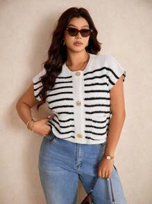 SHEIN Elaquor Cárdigan de punto grueso de ajuste holgado con botones metálicos, patrón de rayas, minimalista y versátil, para talla grande, otoño - Blanco y Negro - Ver 5