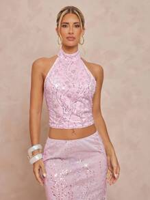 Lumalex 秋季节日派对背心，狂欢节郊游游泳度假优雅复活节波西米亚风海滩热户外丰富层次婚礼季节宴会成人仪式海滩海滨女士亮片拼布露背短款背心粉色亮片粉色派对背心 - 粉色 - 查看 5