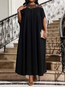 SHEIN Lady Vestido casual de unicolor con mangas de murciélago tejidas en contraste con malla, adecuado para outfits de crucero de verano para mujer, tallas grandes, apto para primavera, verano, otoño e invierno