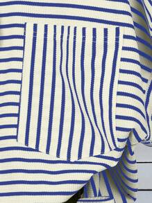 SHEIN 2pcs Plus Size Women Striped Short Sleeve Pocket T-Shirt And Shorts Casual Set - Blue and White - View 5