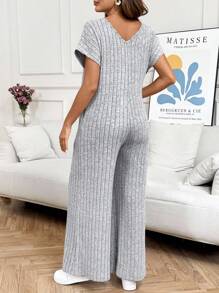 SHEIN Maternity Solid Color V-Neck Batwing Short Sleeve Ribbed Wide Leg Casual Jumpsuit
