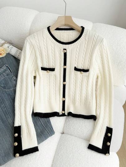 SHEIN Teen Girls' Casual Color Block Rivet Button Hem Cropped Sweater, Relaxed & Elegant, Autumn/Winter Fall